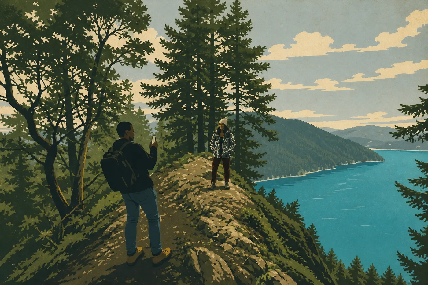 Illustration sérigraphiée : Eaux turquoise du Lake Crescent encadrées par les pentes boisées de Mount Storm King.