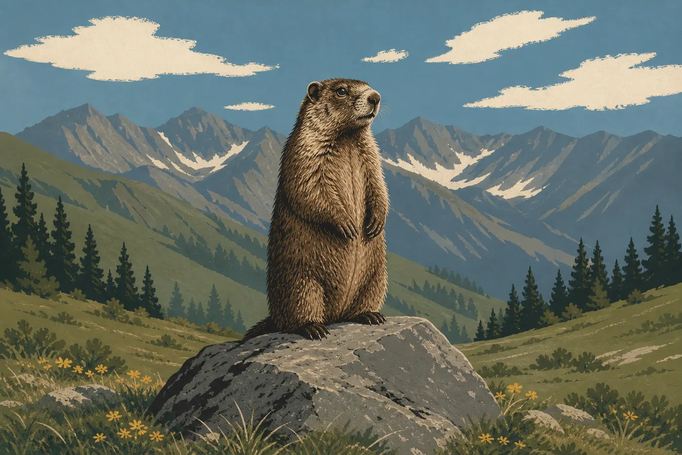 Ilustración serigrafiada: Marmota de Olympic erguida sobre una roca, por encima de las praderas subalpinas de Hurricane Ridge.