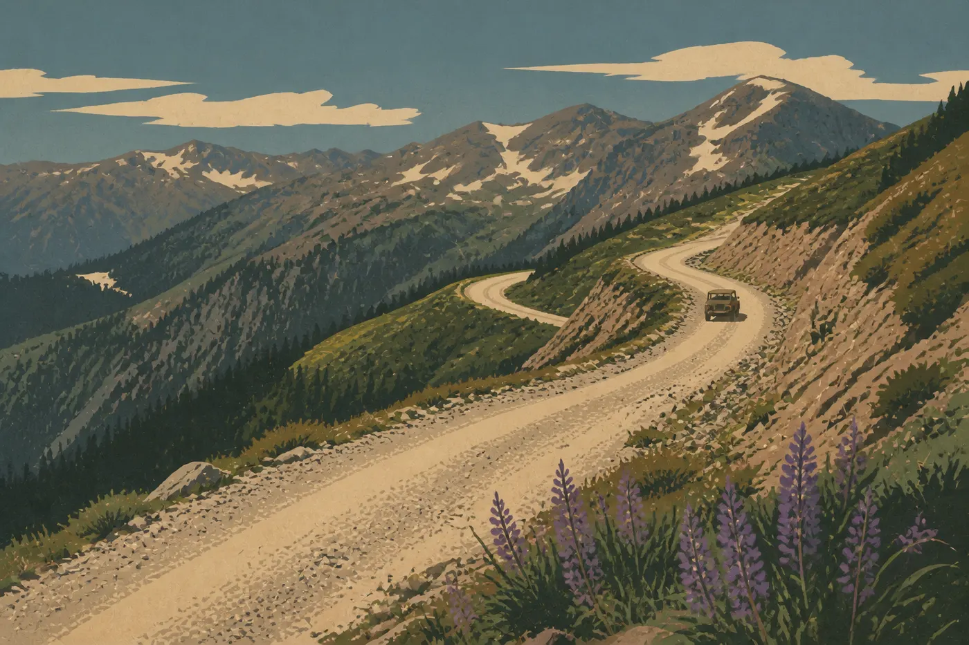 Illustration sérigraphiée : Route sinueuse d’Obstruction Point dominant les crêtes et vallées sauvages du massif Olympic.