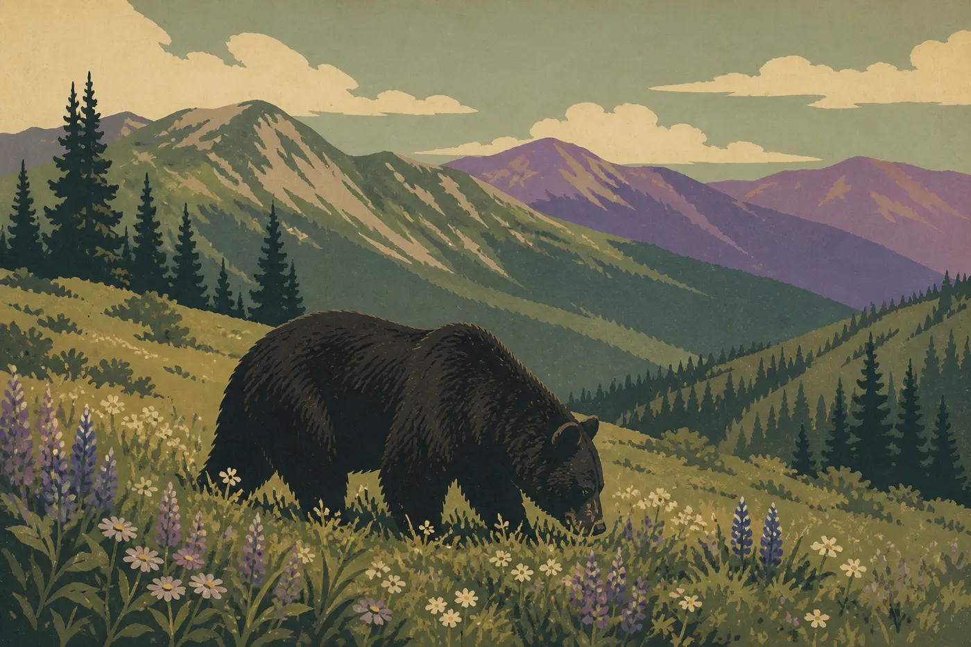 Ilustración serigrafiada: Oso negro buscando alimento en una pradera subalpina florida cerca de Hurricane Ridge.