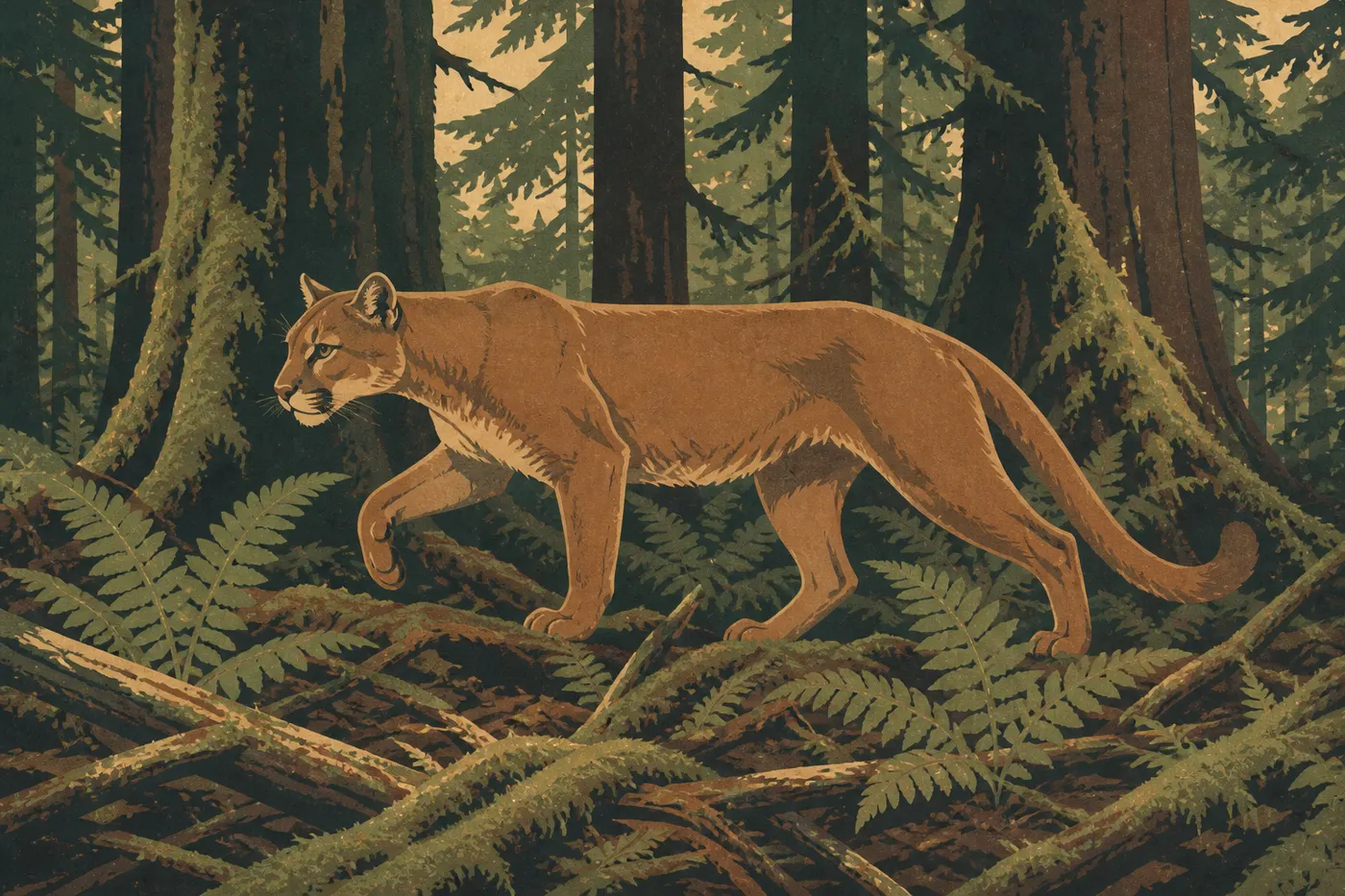 Ilustración serigrafiada: Puma avanzando entre el sotobosque denso de coníferas y helechos de la península Olympic.