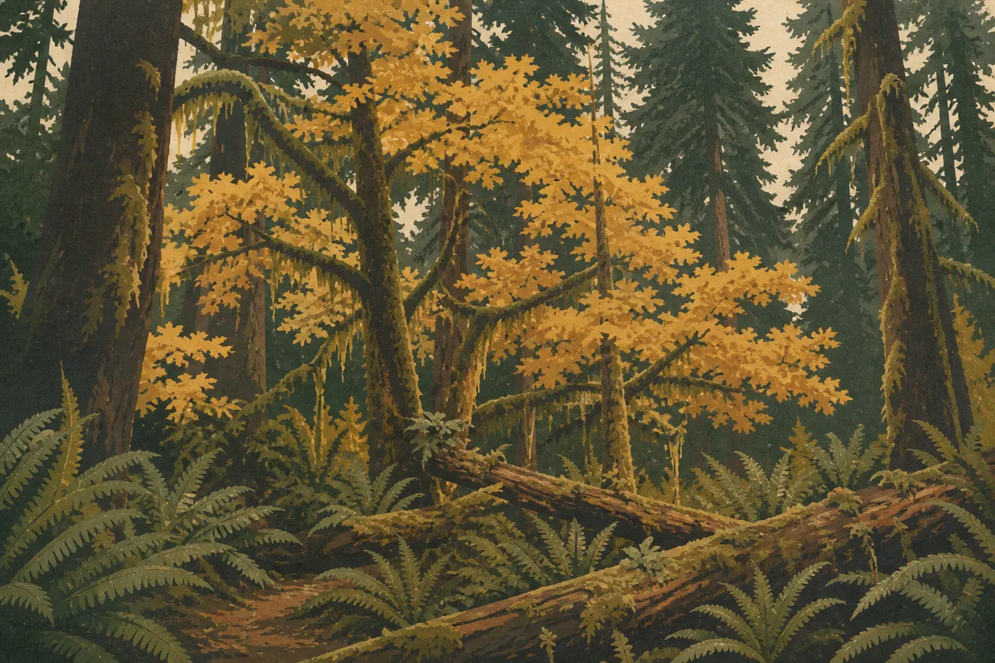 Illustration sérigraphiée : Érables de la Quinault Rain Forest aux feuillages dorés parmi les conifères et les mousses.