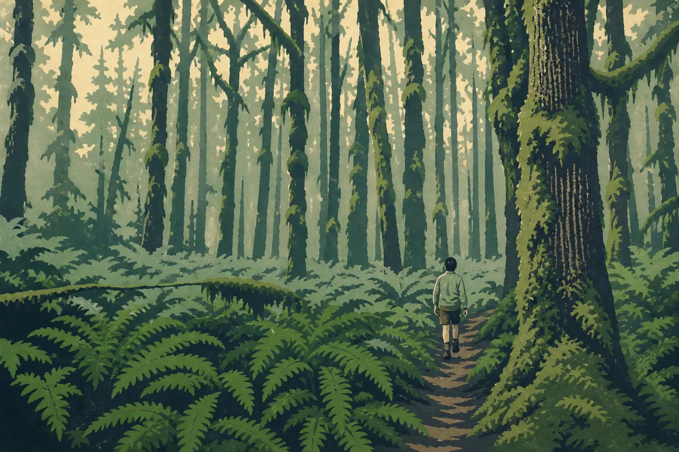 Illustration sérigraphiée : Épicéas géants, fougères et mousses luxuriantes dans la Quinault Rain Forest près du lac.