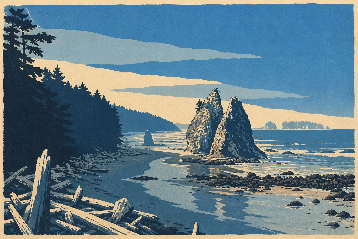 Illustration sérigraphiée : Sea stacks de Rialto Beach surgissant derrière les troncs flottés et les vagues du Pacifique.