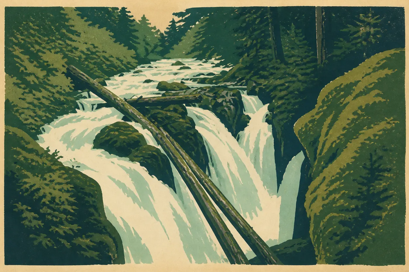 Illustration sérigraphiée : Sol Duc Falls divisée en plusieurs bras au-dessus d’une gorge tapissée de mousse.