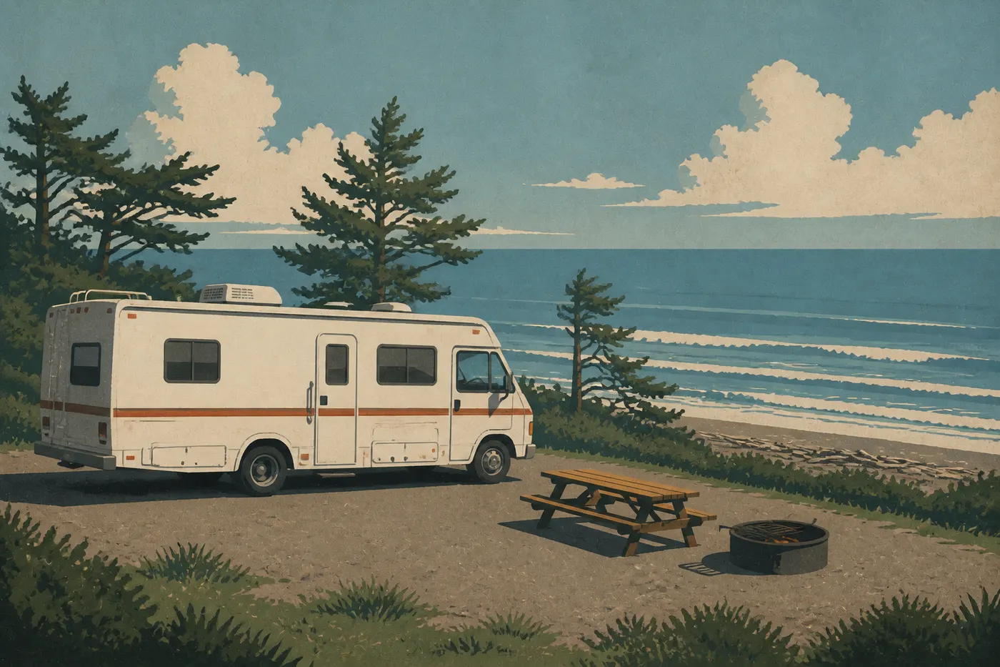 Illustration sérigraphiée : Camping-car stationné au South Beach Campground sur la falaise dominant l’océan Pacifique.
