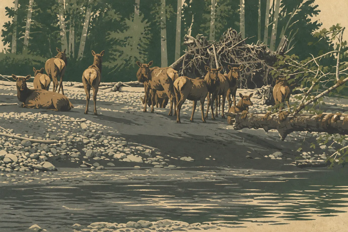 Illustration sérigraphiée : Troupeau de wapitis Roosevelt traversant la rivière Hoh devant la forêt pluviale dense.