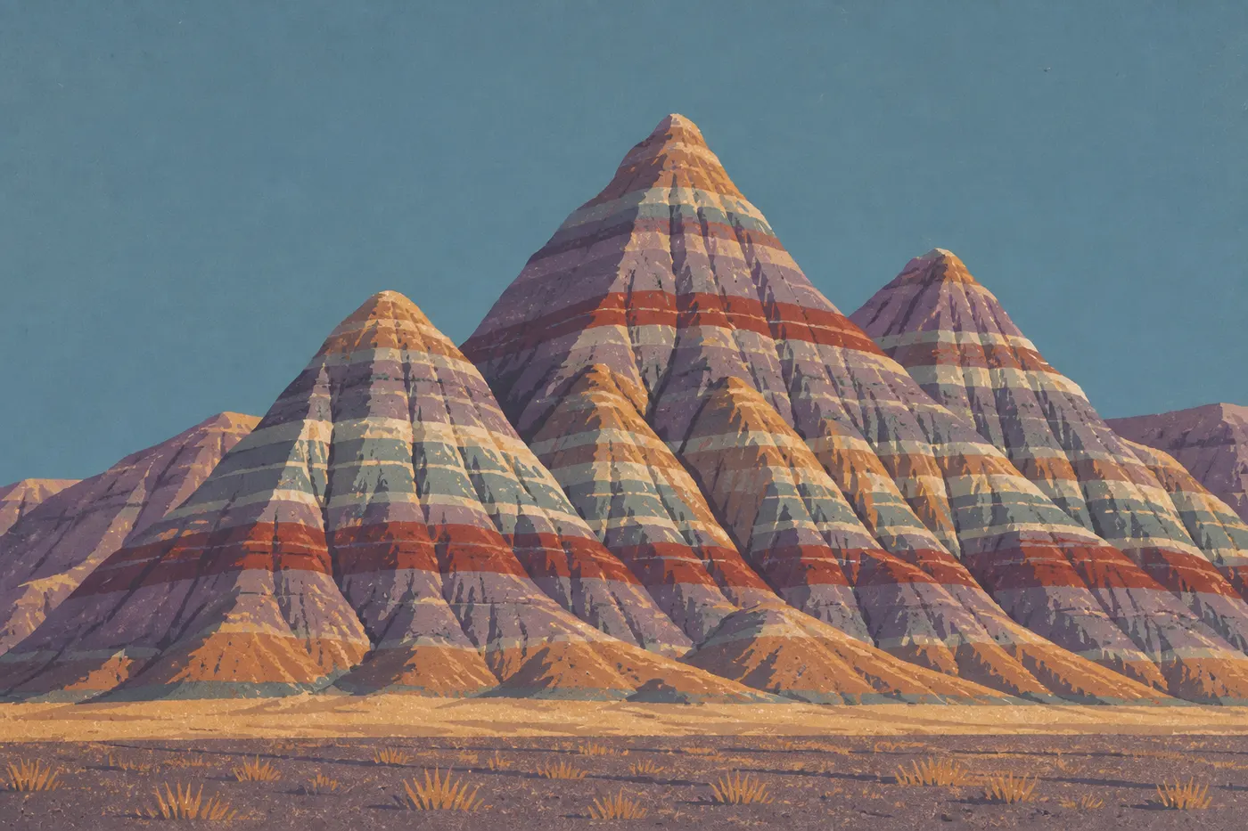 Illustration sérigraphiée : Lumière dorée d'automne révélant les strates violettes et grises des Tepees sous un ciel limpide.
