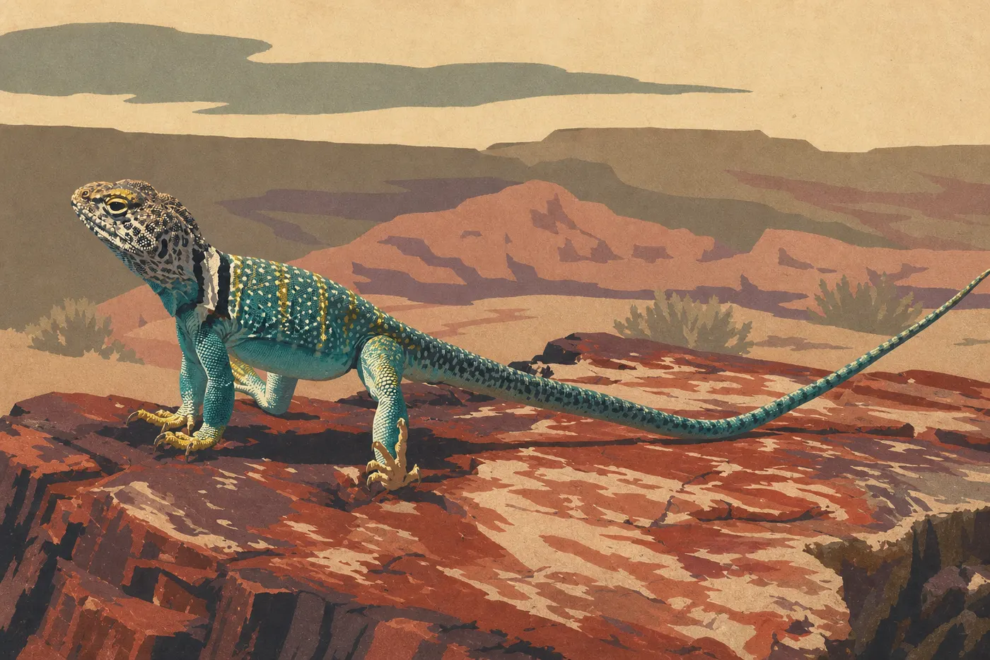 Illustration sérigraphiée : Lézard à collier vivement coloré prenant le soleil sur le sol argileux de Blue Mesa.