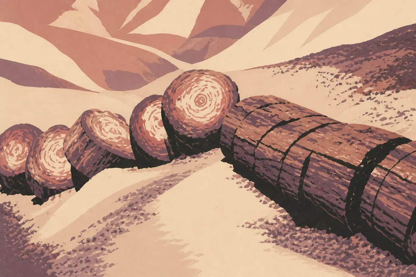 Illustration sérigraphiée : Troncs pétrifiés multicolores bordant le sentier pavé de Crystal Forest devant les badlands arides.