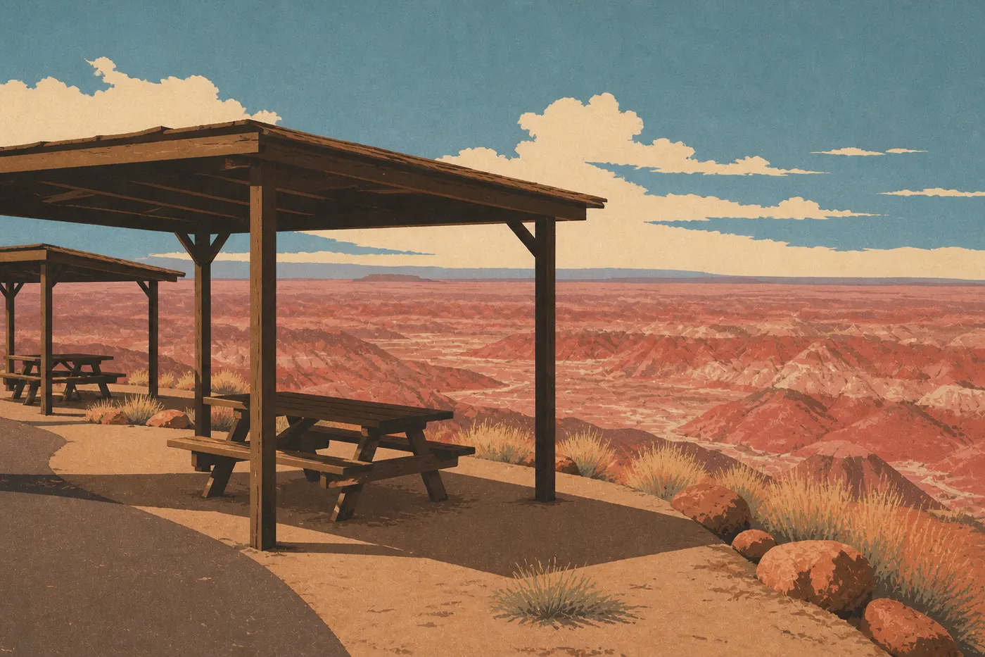 Illustration sérigraphiée : Tables abritées de Hózhó Point Picnic Area dominant l'étendue rouge et ondulée de la Painted Desert.