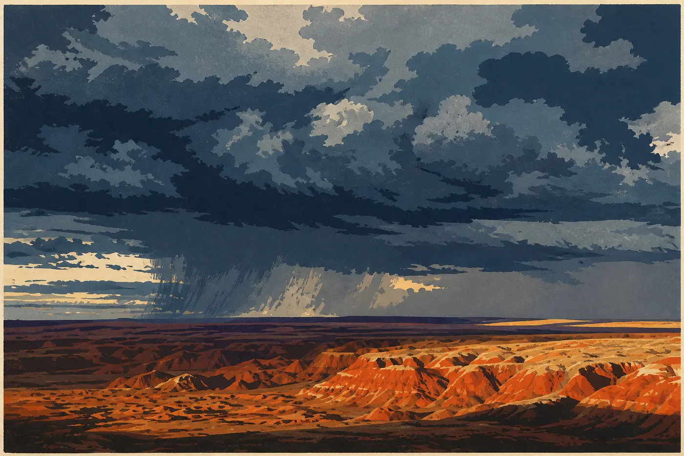 Illustration sérigraphiée : Immense orage de mousson et rideau de pluie dominant les collines colorées de la Painted Desert.