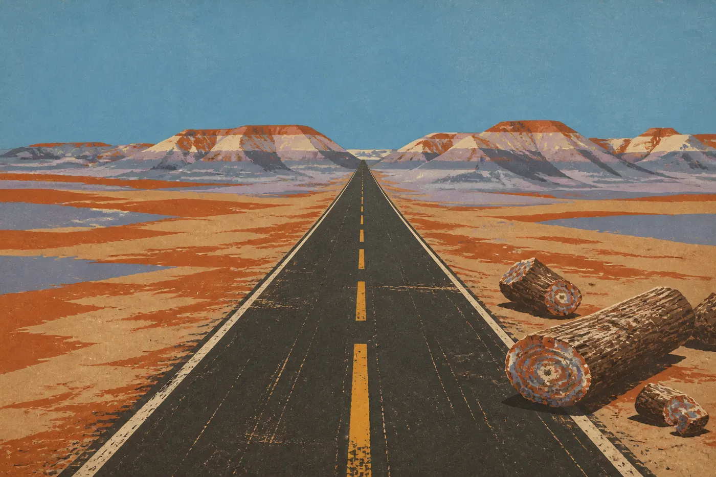 Illustration sérigraphiée : Automobile arrivant à la North Entrance Station depuis l'Interstate 40 sous le panneau officiel du parc.
