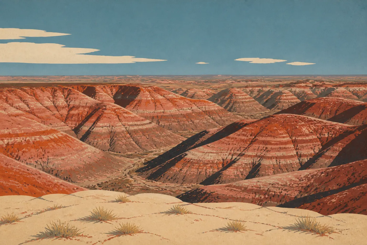 Illustration sérigraphiée : Panorama depuis Kachina Point sur les collines rouges stratifiées de la Painted Desert au soleil couchant.