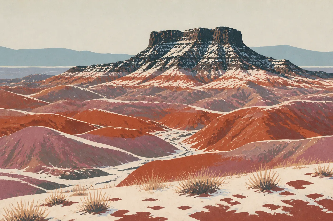Illustration sérigraphiée : Pilot Rock et les collines de la Painted Desert légèrement poudrés par une neige hivernale.