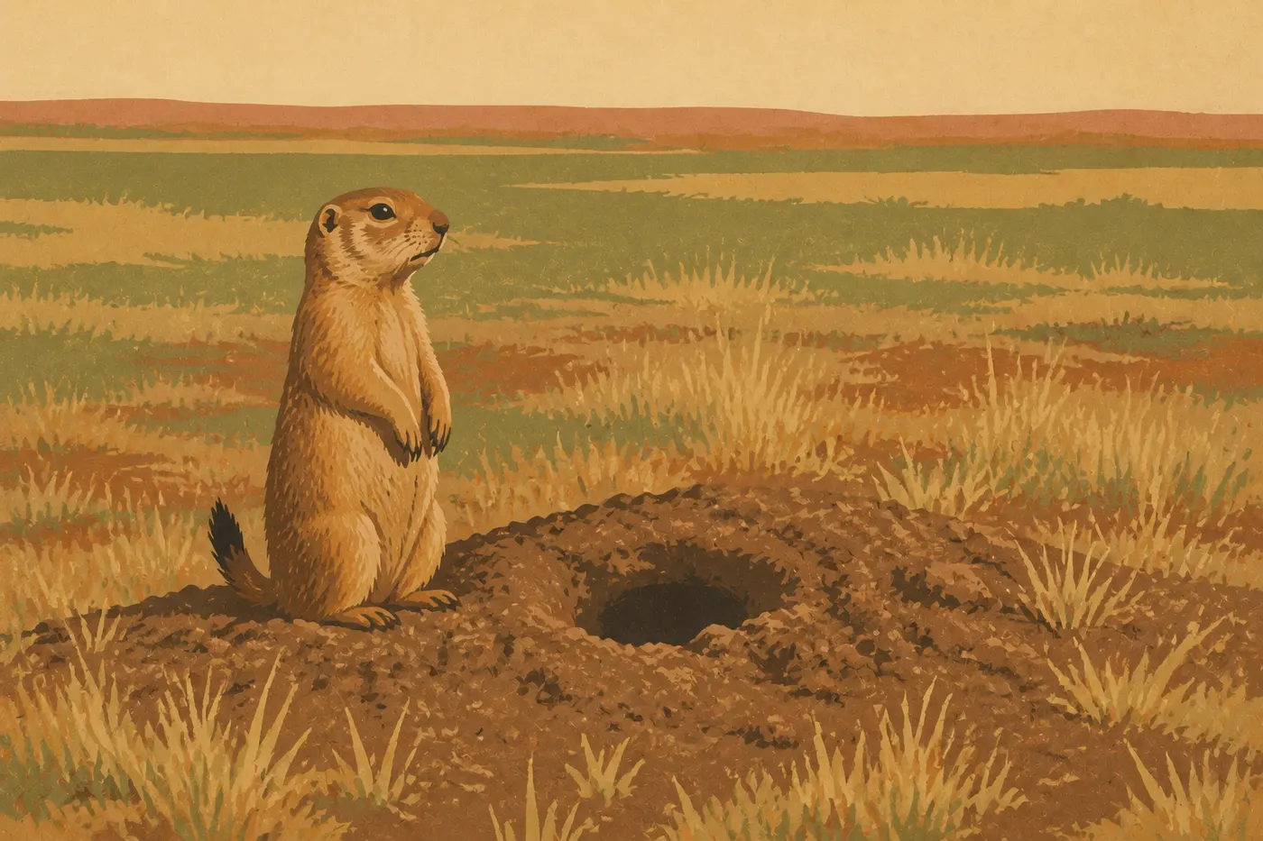Illustration sérigraphiée : Chien de prairie à queue noire dressé devant son terrier dans la prairie du parc.
