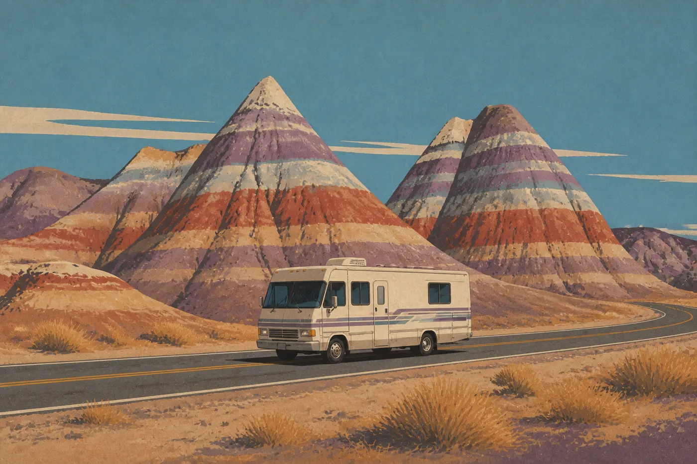 Illustration sérigraphiée : Camping-car parcourant la route intérieure devant les formes rayées et coniques des Tepees colorés.
