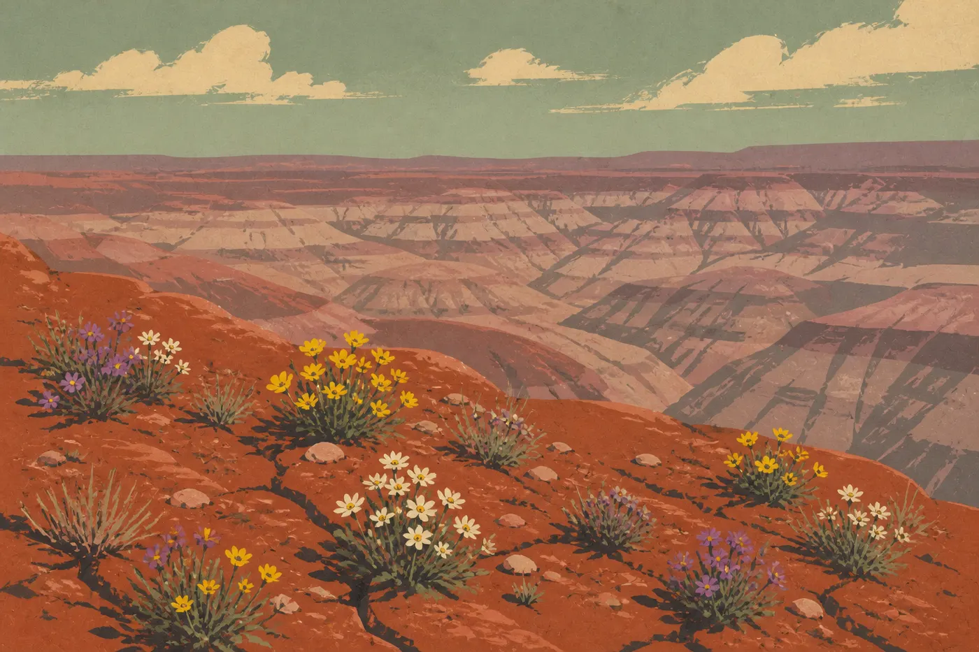 Illustration sérigraphiée : Fleurs sauvages printanières ponctuant le rebord rouge de la Painted Desert après les pluies hivernales.
