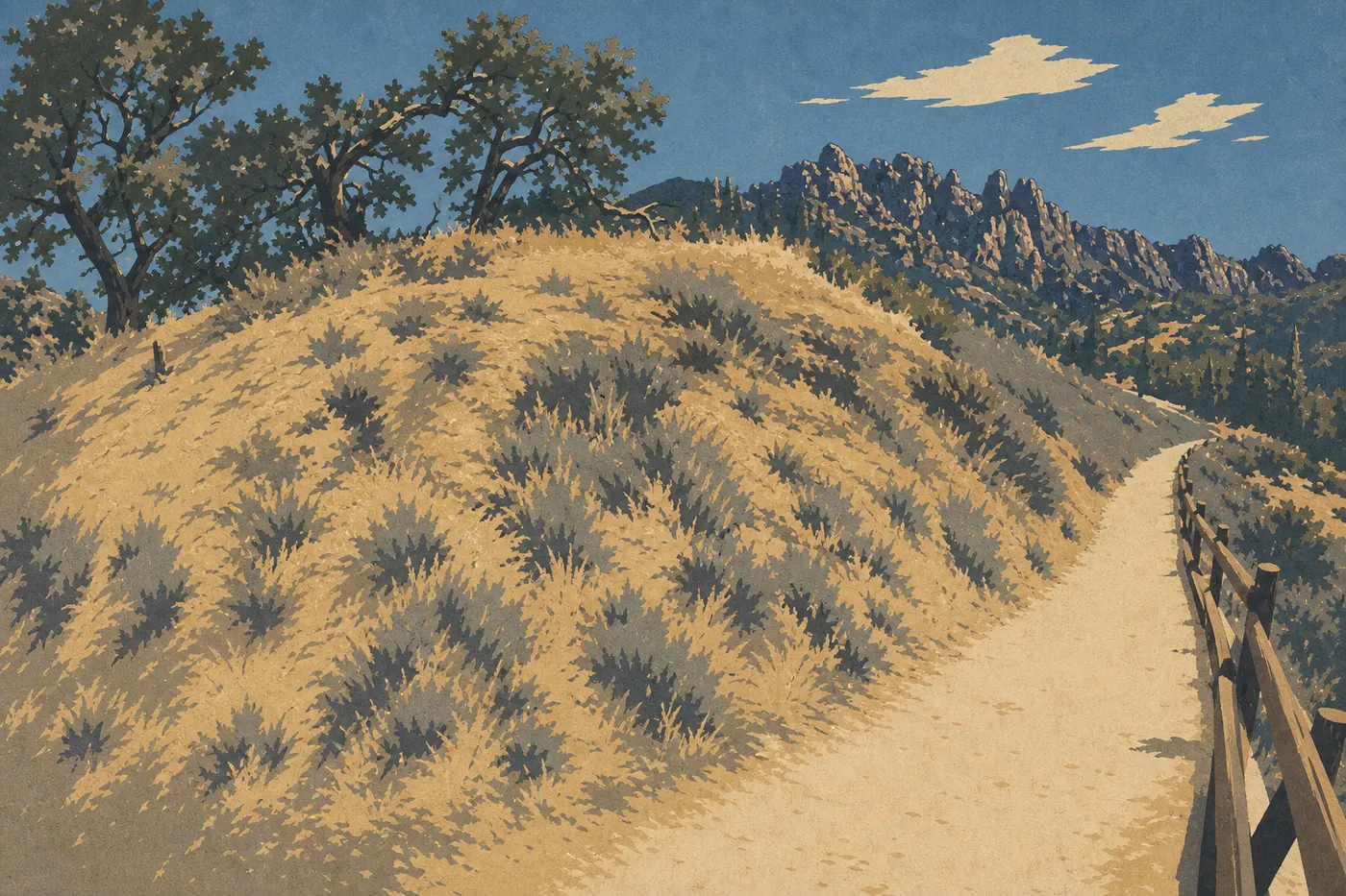 Illustration sérigraphiée : Le chaparral doré et les chênes de Bear Valley entourent les pinacles sous la lumière oblique d’une journée automnale.