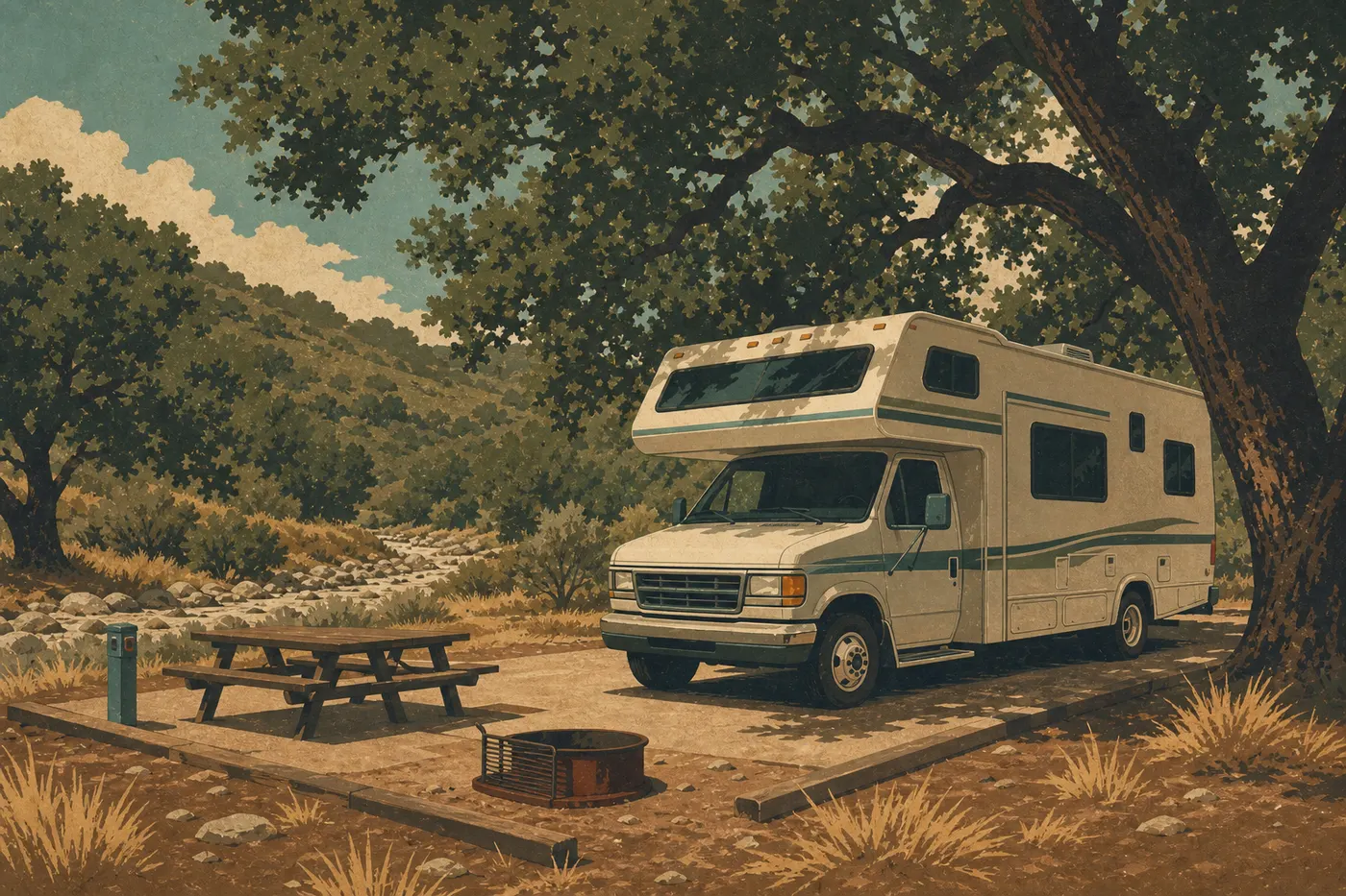 Illustration sérigraphiée : Un camping-car stationne sur un emplacement arboré du Pinnacles Campground, près de Chalone Creek sur le côté est.