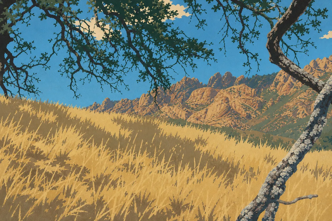 Illustration sérigraphiée : Les pinacles ocre émergent d’un chaparral desséché sous un ciel estival blanc et une lumière intensément chaude.