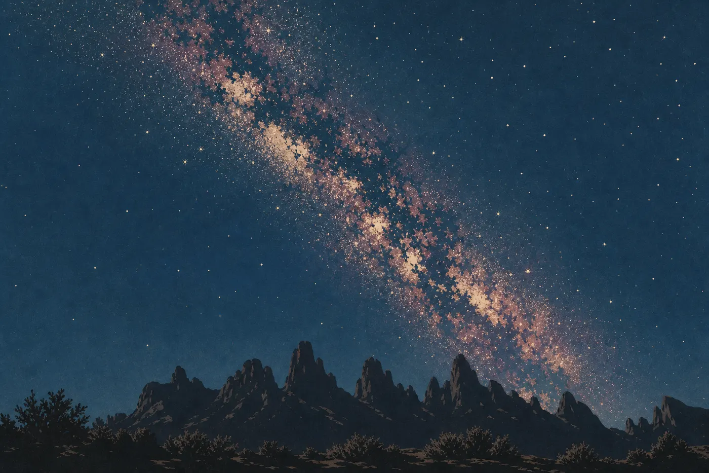 Illustration sérigraphiée : La Voie lactée traverse le ciel au-dessus des silhouettes dentelées des High Peaks dans la nuit sans lune.