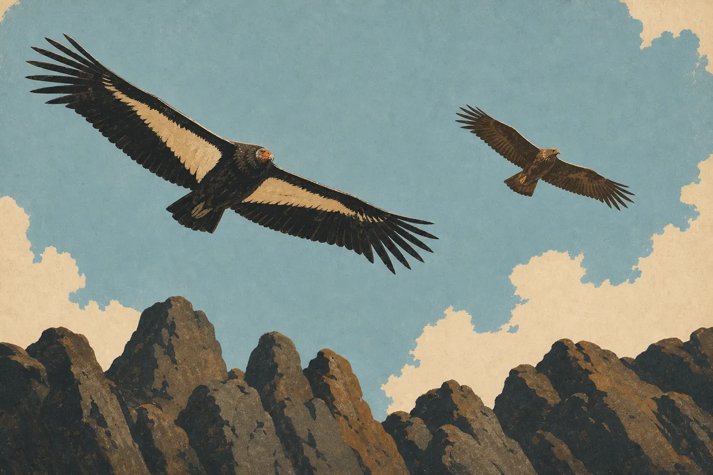 Illustration sérigraphiée : Un condor de Californie et un aigle royal survolent les crêtes, montrant leurs silhouettes et proportions distinctes.