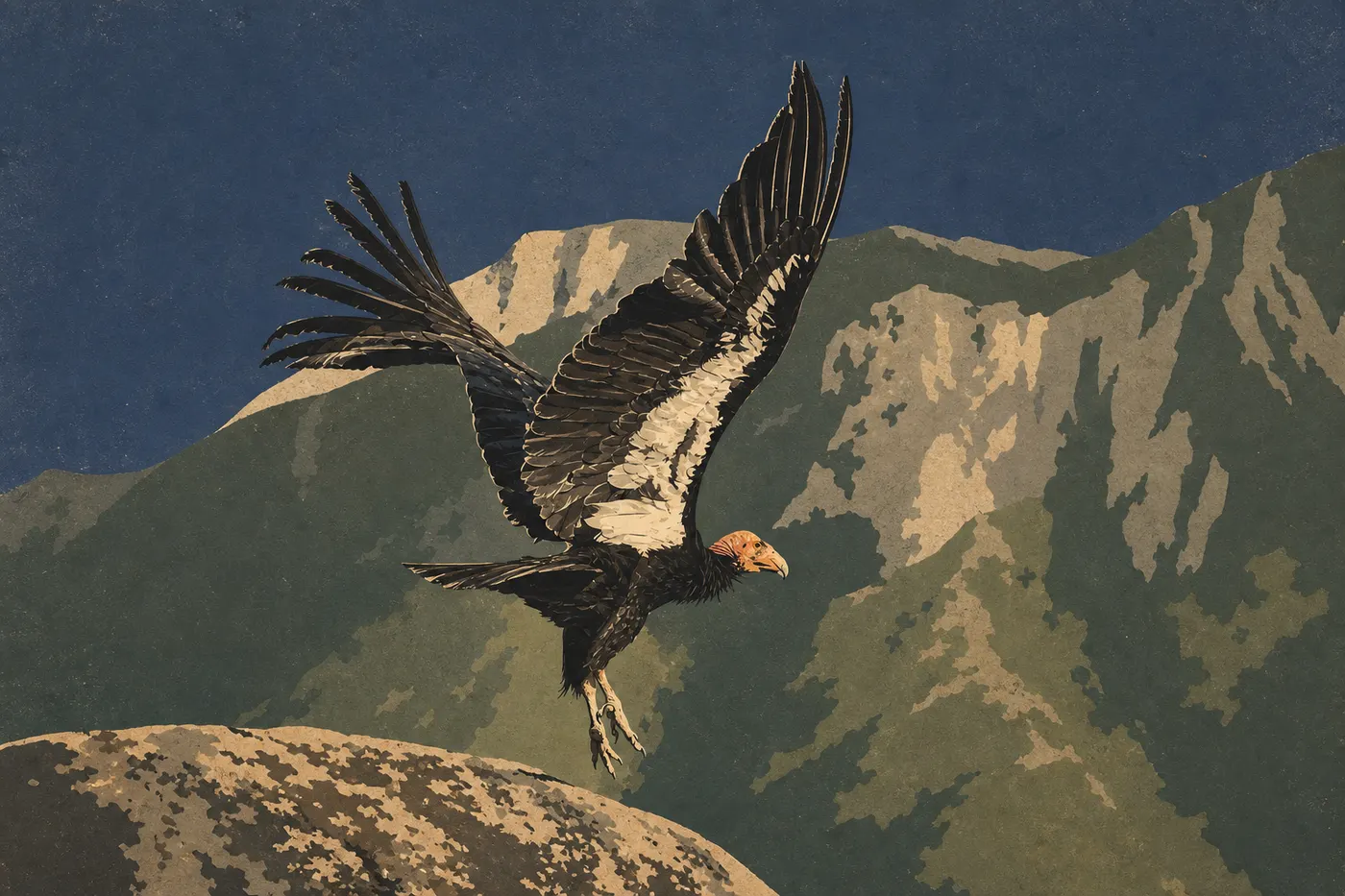 Illustration sérigraphiée : Un condor de Californie plane ailes déployées devant les formations rocheuses des High Peaks sous un ciel limpide.