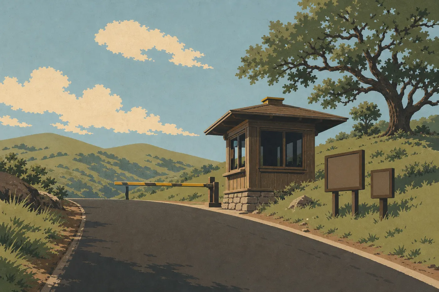 Illustration sérigraphiée : Le poste de l’East Entrance accueille les visiteurs au bord de la route, devant les collines printanières verdoyantes.