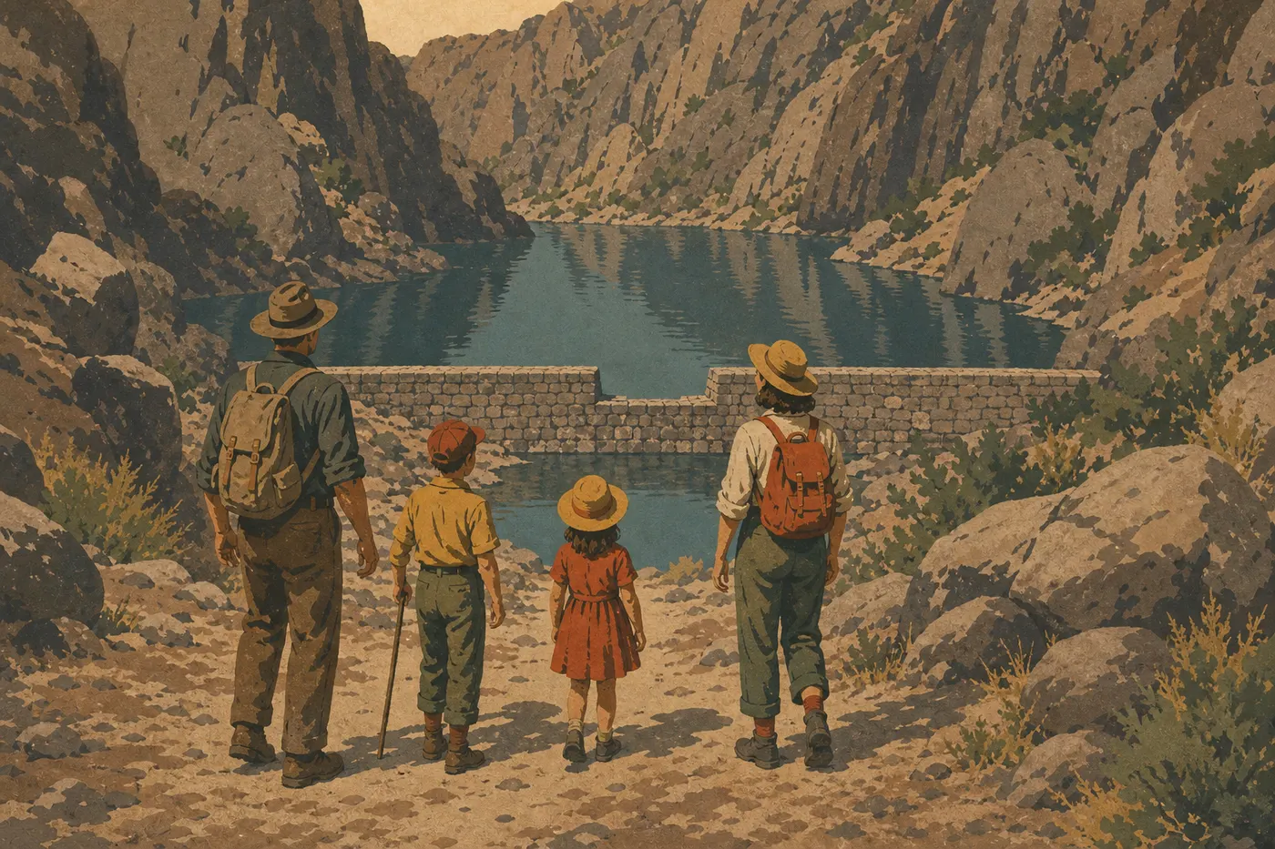 Illustration sérigraphiée : Une famille rejoint Bear Gulch Reservoir par le Moses Spring Trail, face au barrage et aux rochers escarpés.