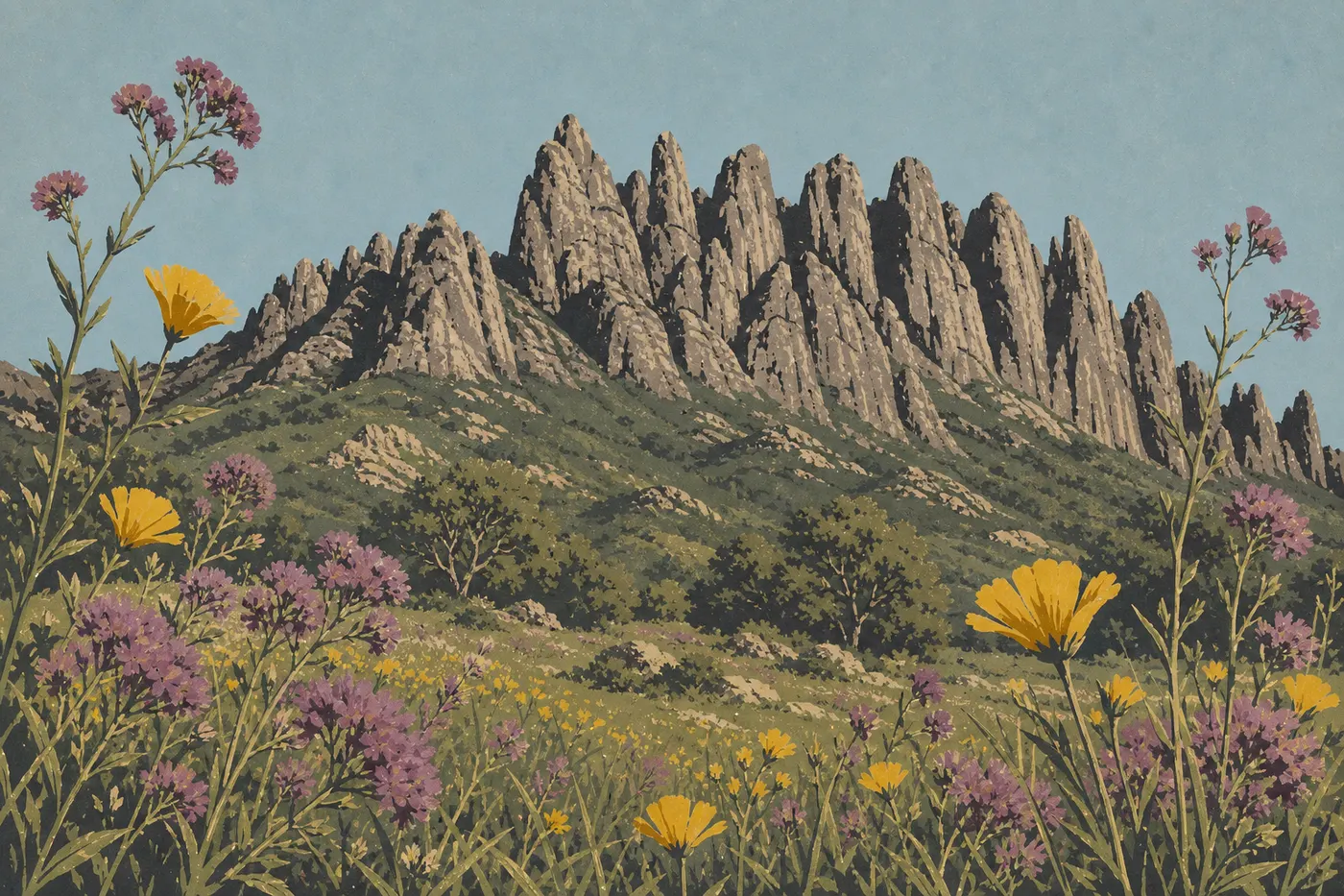 Illustration sérigraphiée : Une prairie de fleurs sauvages jaunes et violettes encadre Machete Ridge sous la lumière claire du printemps.