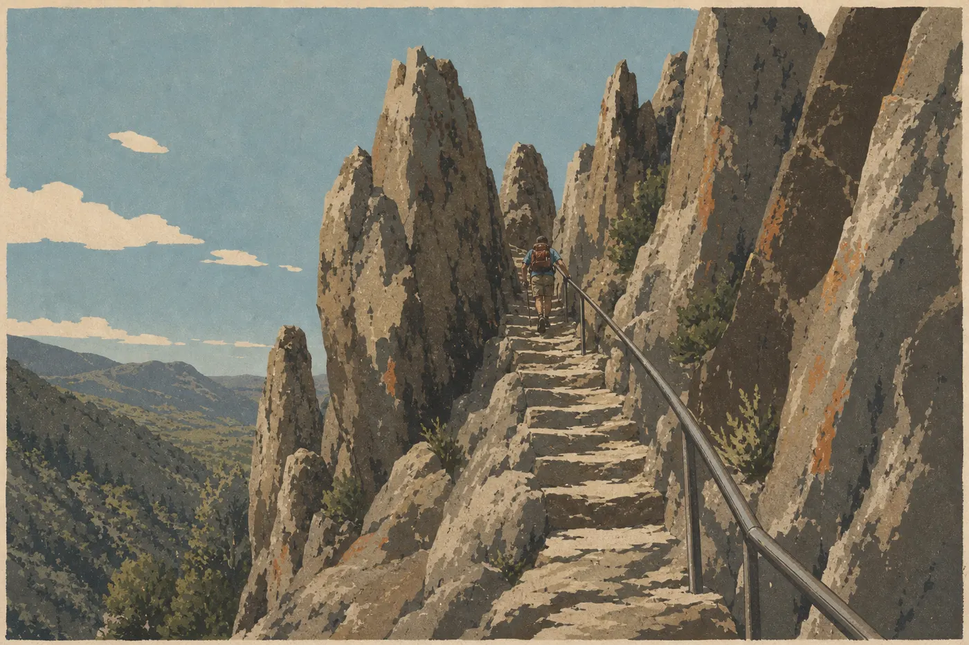 Illustration sérigraphiée : Un randonneur franchit les marches taillées du High Peaks Trail parmi les flèches volcaniques dominant les vallées.