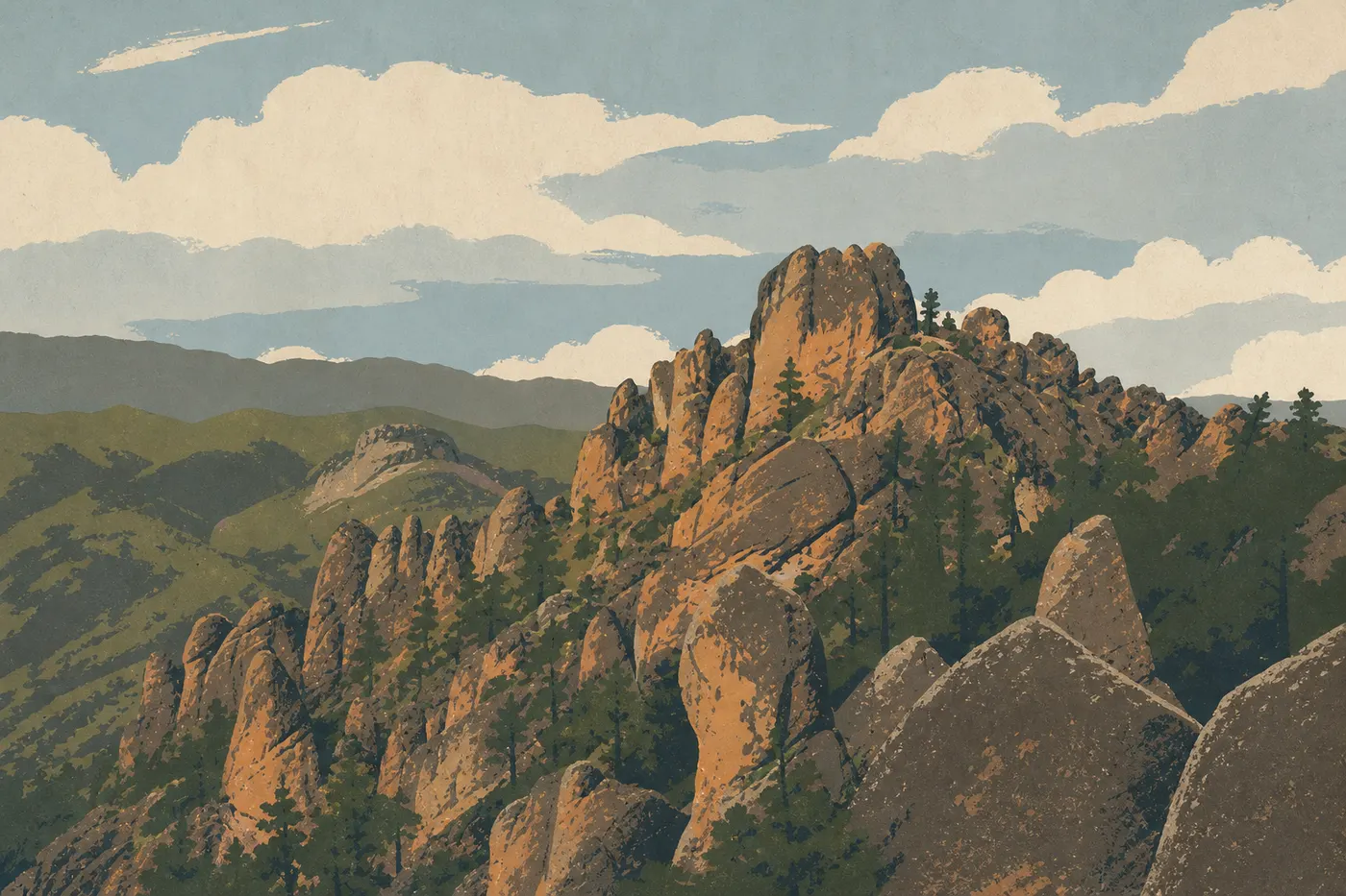 Illustration sérigraphiée : Des nuages bas et une brume hivernale enveloppent les High Peaks au-dessus des versants reverdis par les pluies.