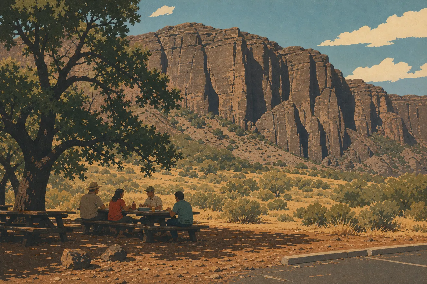 Illustration sérigraphiée : Des visiteurs déjeunent aux tables de Chaparral Picnic Area, sous les chênes et devant les Balconies Cliffs.