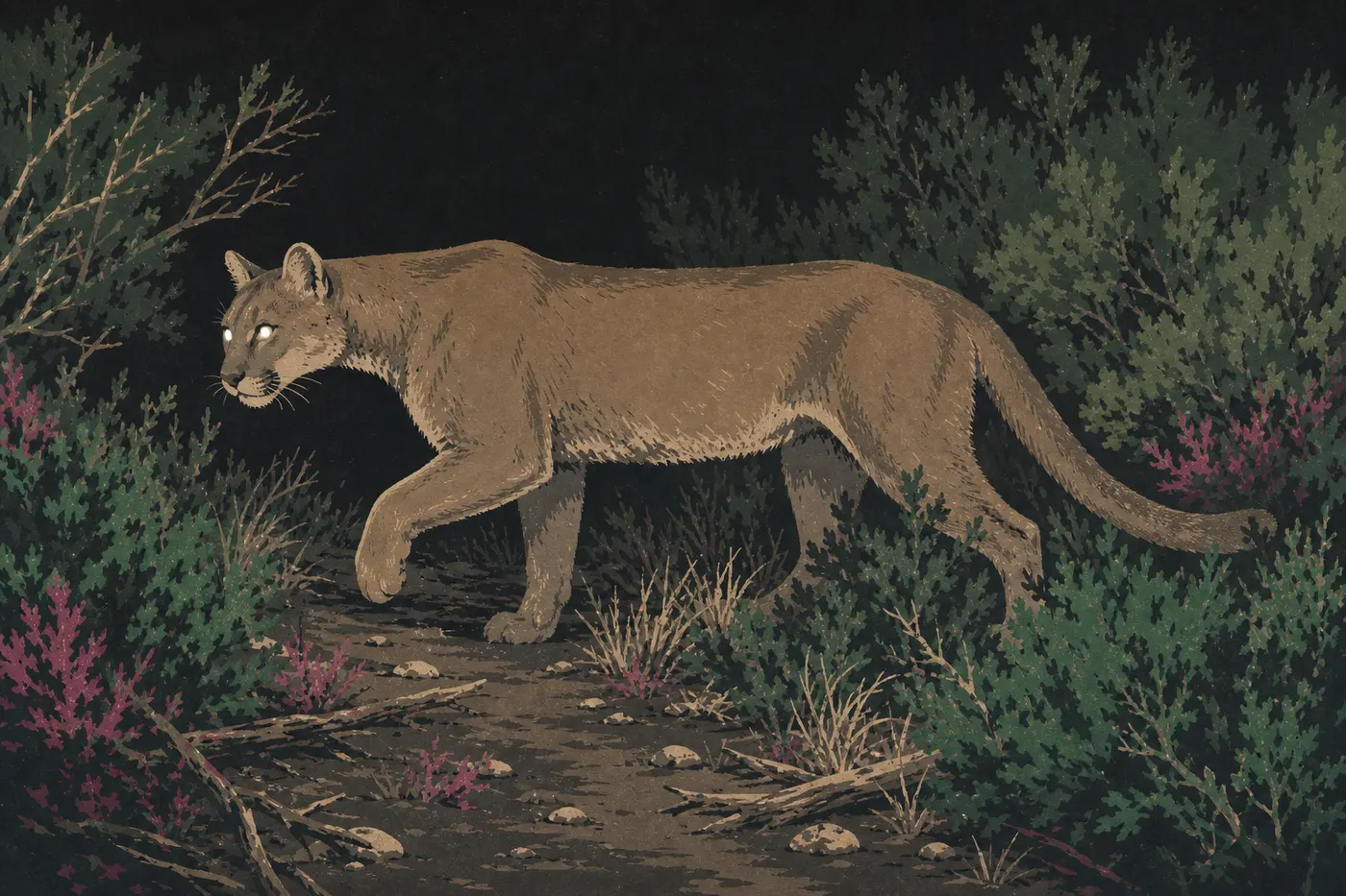Ilustración serigrafiada: Un puma cruza de noche el chaparral de las Gabilan Mountains, fotografiado por una cámara de seguimiento científico.