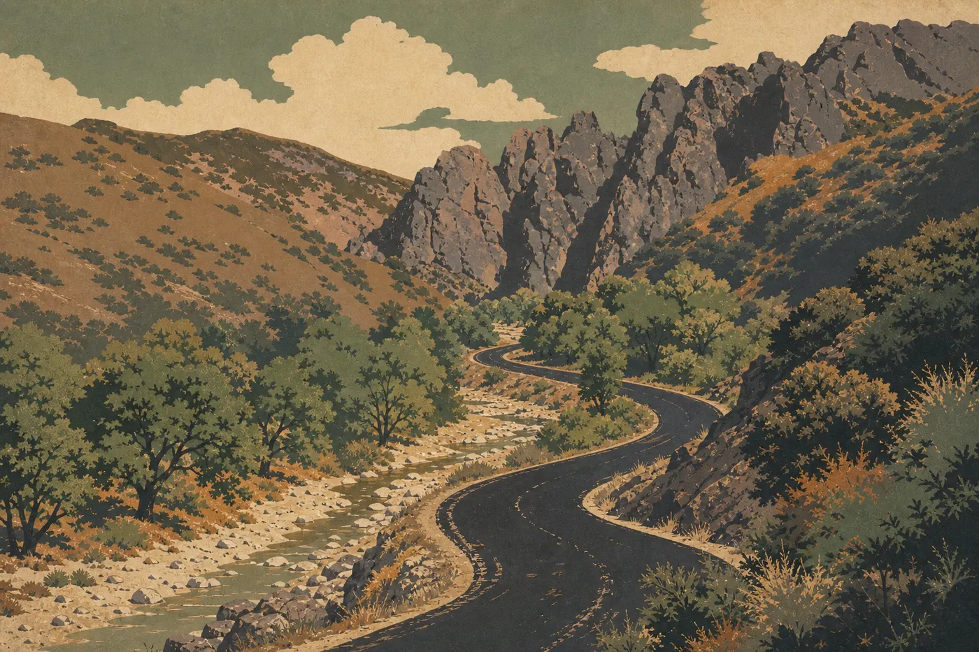 Illustration sérigraphiée : East Entrance Road serpente le long de Chalone Creek vers Bear Gulch, entre chênes et parois rocheuses.