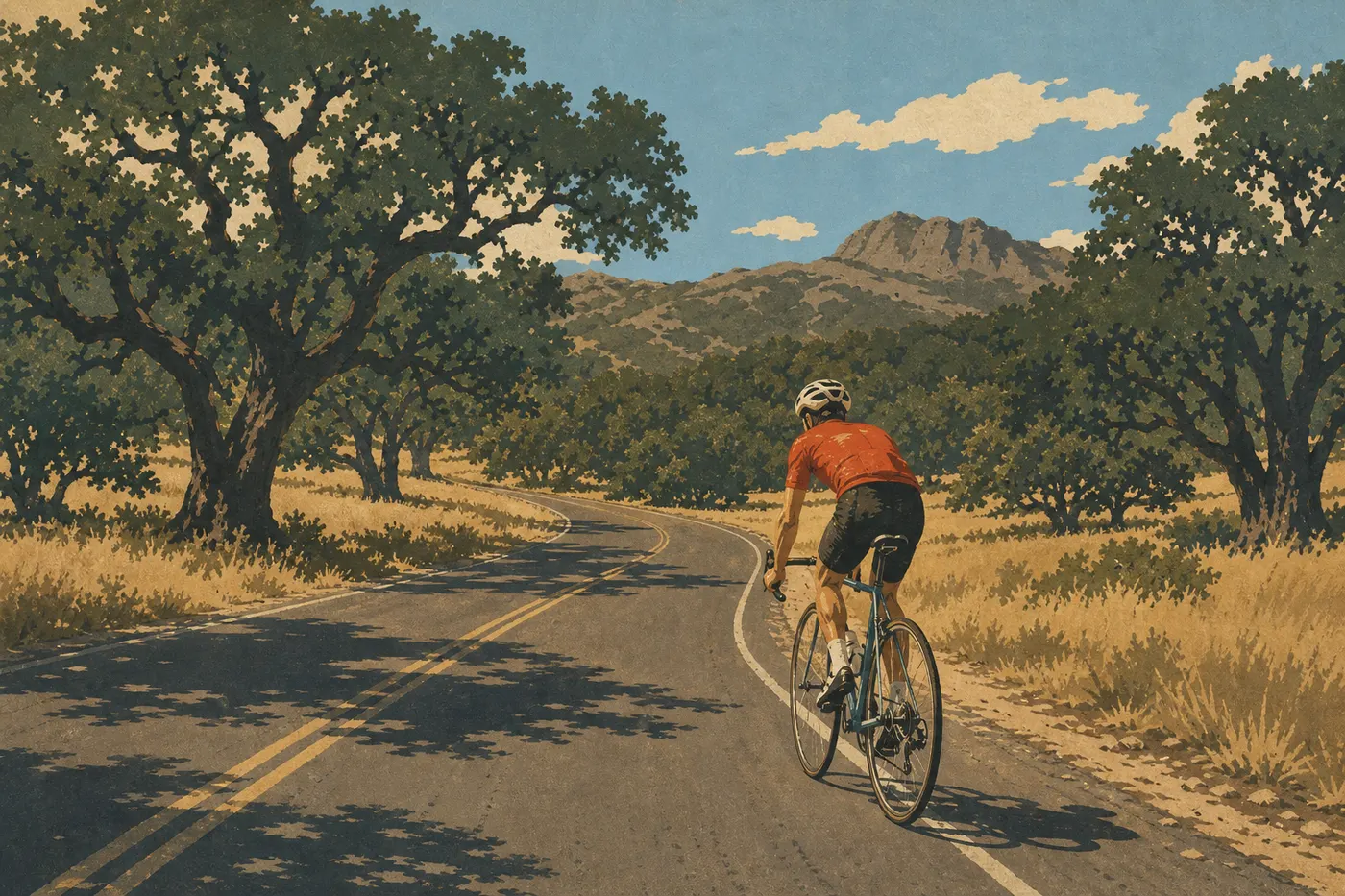 Illustration sérigraphiée : Un cycliste suit East Entrance Road entre chênes de vallée, prairies sèches et premières silhouettes rocheuses du parc.