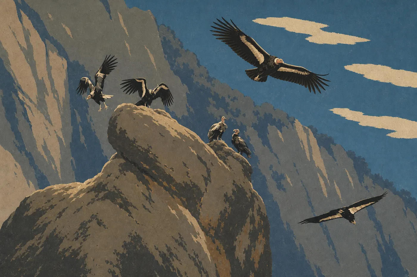 Illustration sérigraphiée : Plusieurs condors de Californie cerclent au-dessus de Condor Gulch, leurs silhouettes immenses découpées sur le ciel.