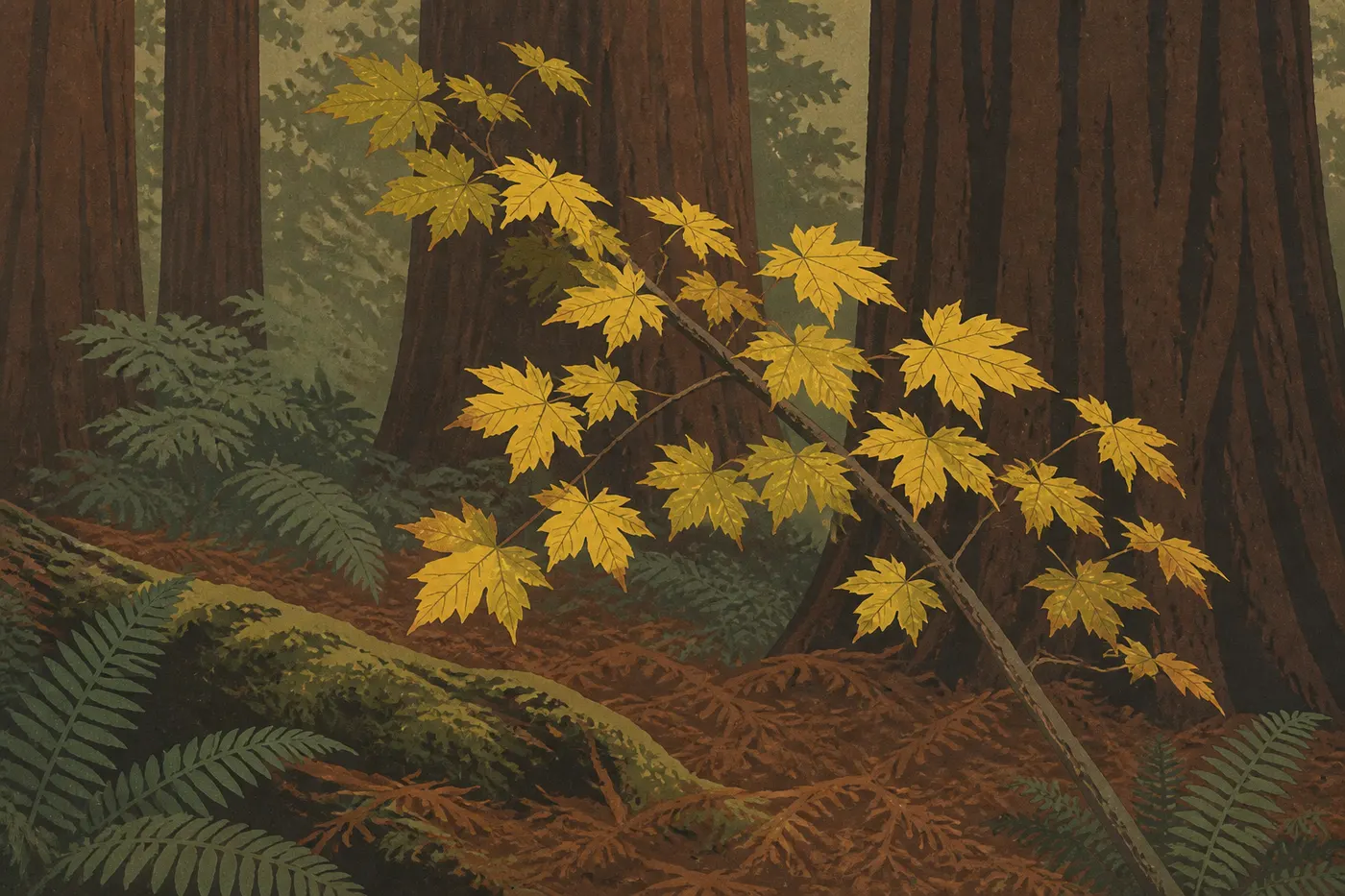 Illustration sérigraphiée : Les feuilles jaunes des érables illuminent en automne le sous-bois sombre d'une forêt de séquoias côtiers.