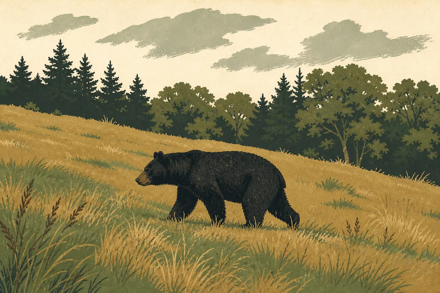 Illustration sérigraphiée : Un ours noir américain traverse les prairies ouvertes de Bald Hills à proximité de la forêt.