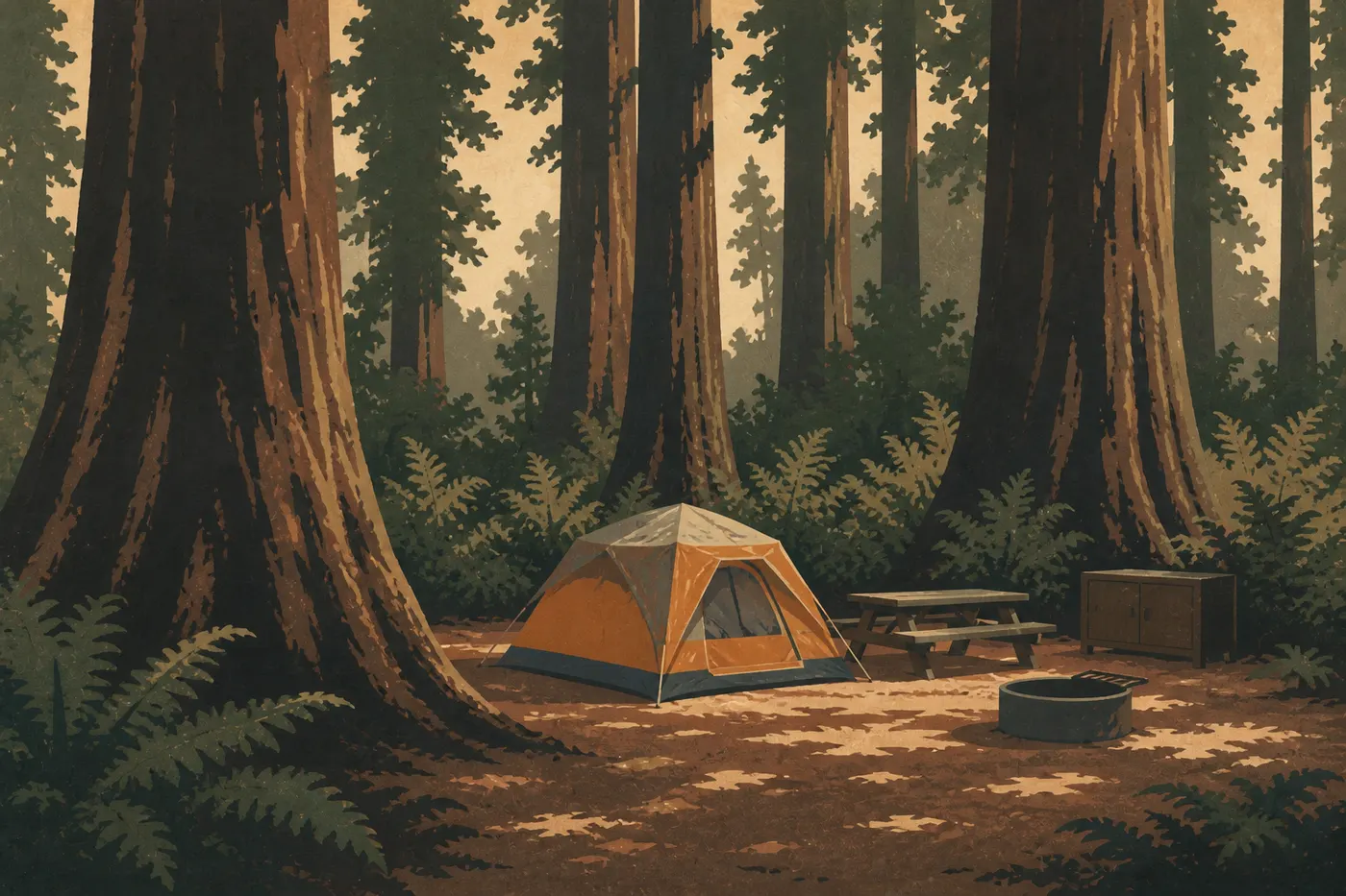 Illustration sérigraphiée : Une tente et une table occupent un emplacement boisé d'Elk Prairie Campground sous les grands séquoias.