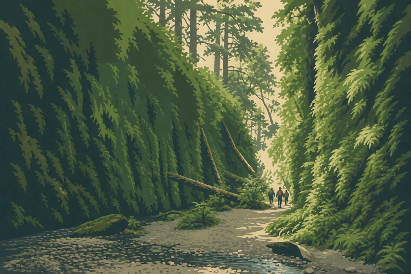 Illustration sérigraphiée : Des randonneurs avancent entre les parois couvertes de fougères et le ruisseau de Fern Canyon.