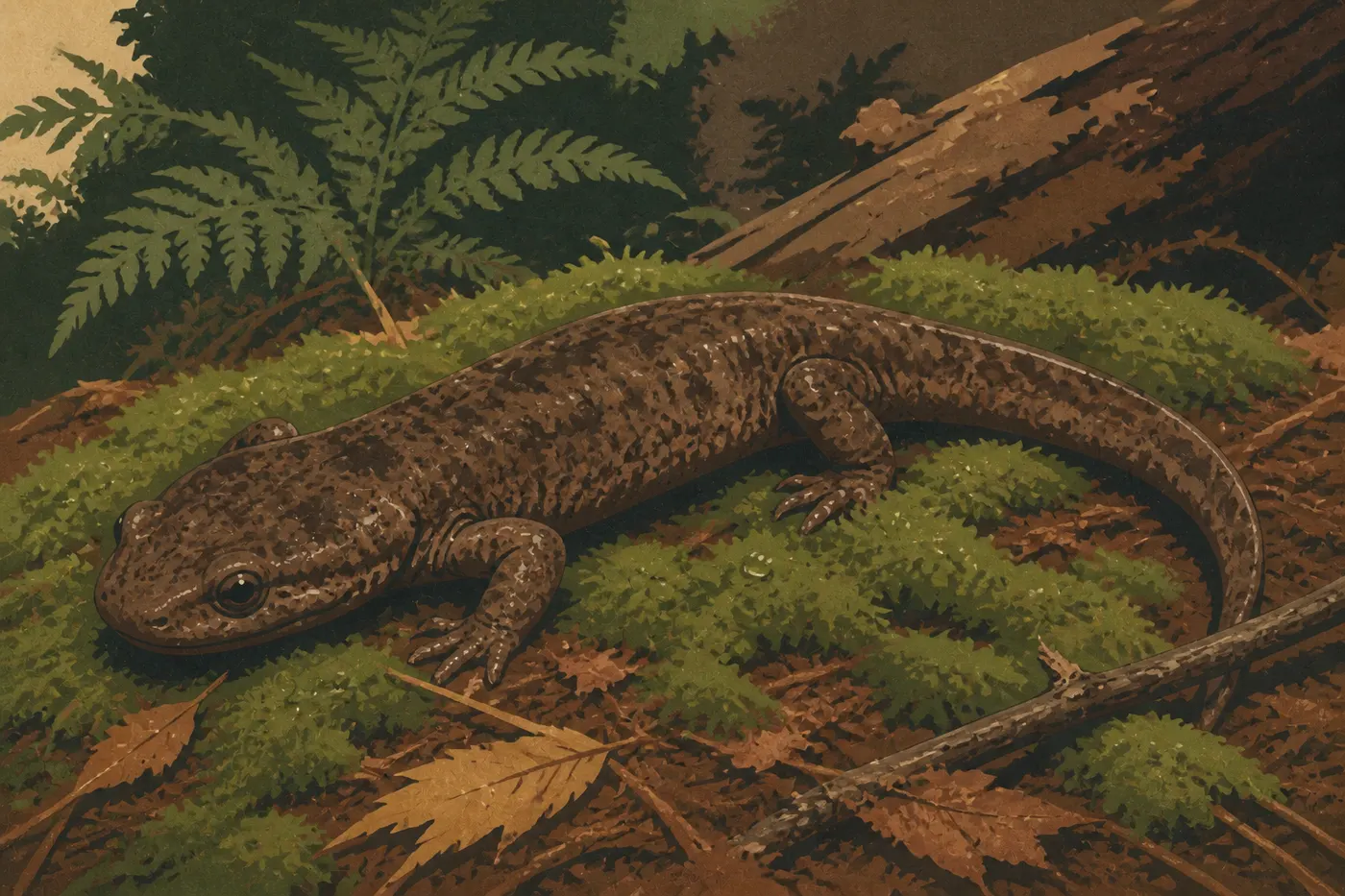 Illustration sérigraphiée : Une salamandre géante du Pacifique repose sur la mousse humide et les feuilles du sol forestier.