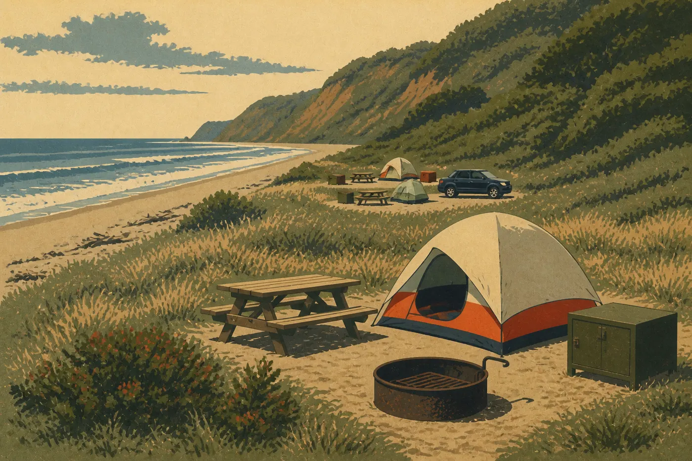 Illustration sérigraphiée : Les emplacements de Gold Bluffs Beach Campground s'alignent entre prairie côtière et plage sauvage.