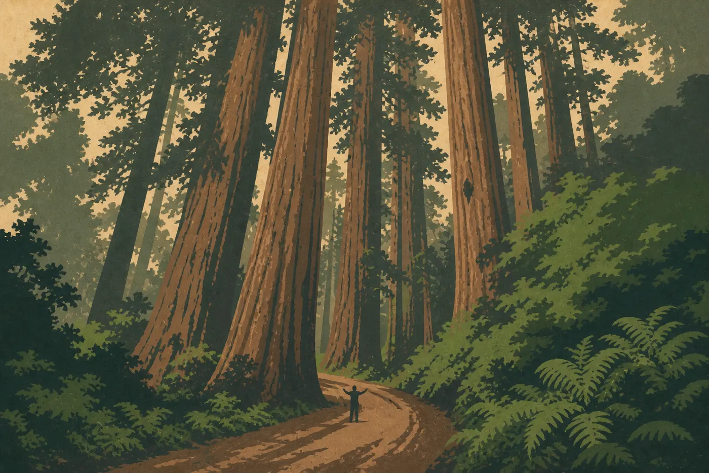 Illustration sérigraphiée : Howland Hill Road serpente sur terre battue entre les troncs monumentaux de Jedediah Smith Redwoods.