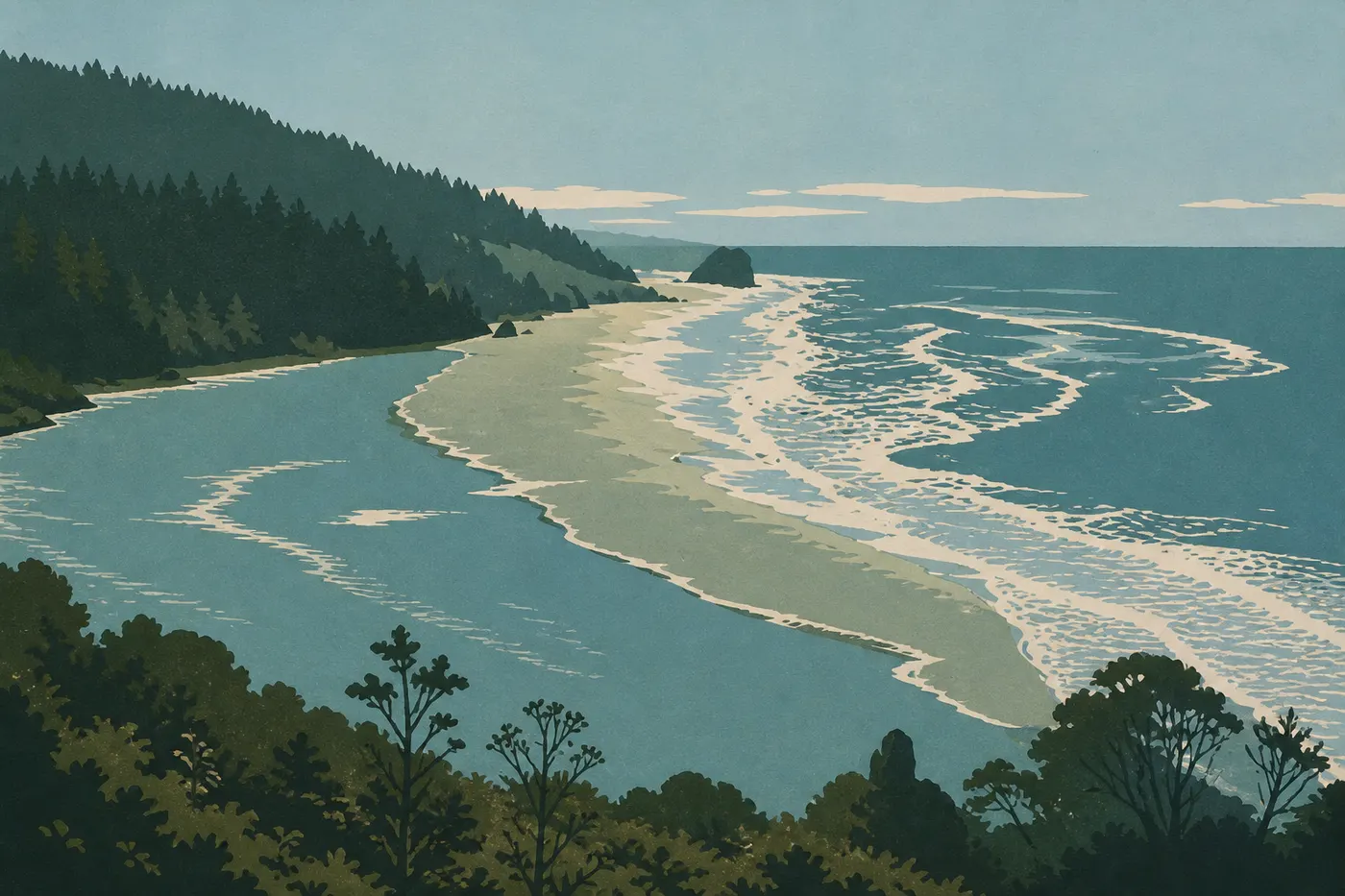 Illustration sérigraphiée : Le Klamath River Overlook embrasse l'estuaire, la côte pacifique et les reliefs forestiers du parc.