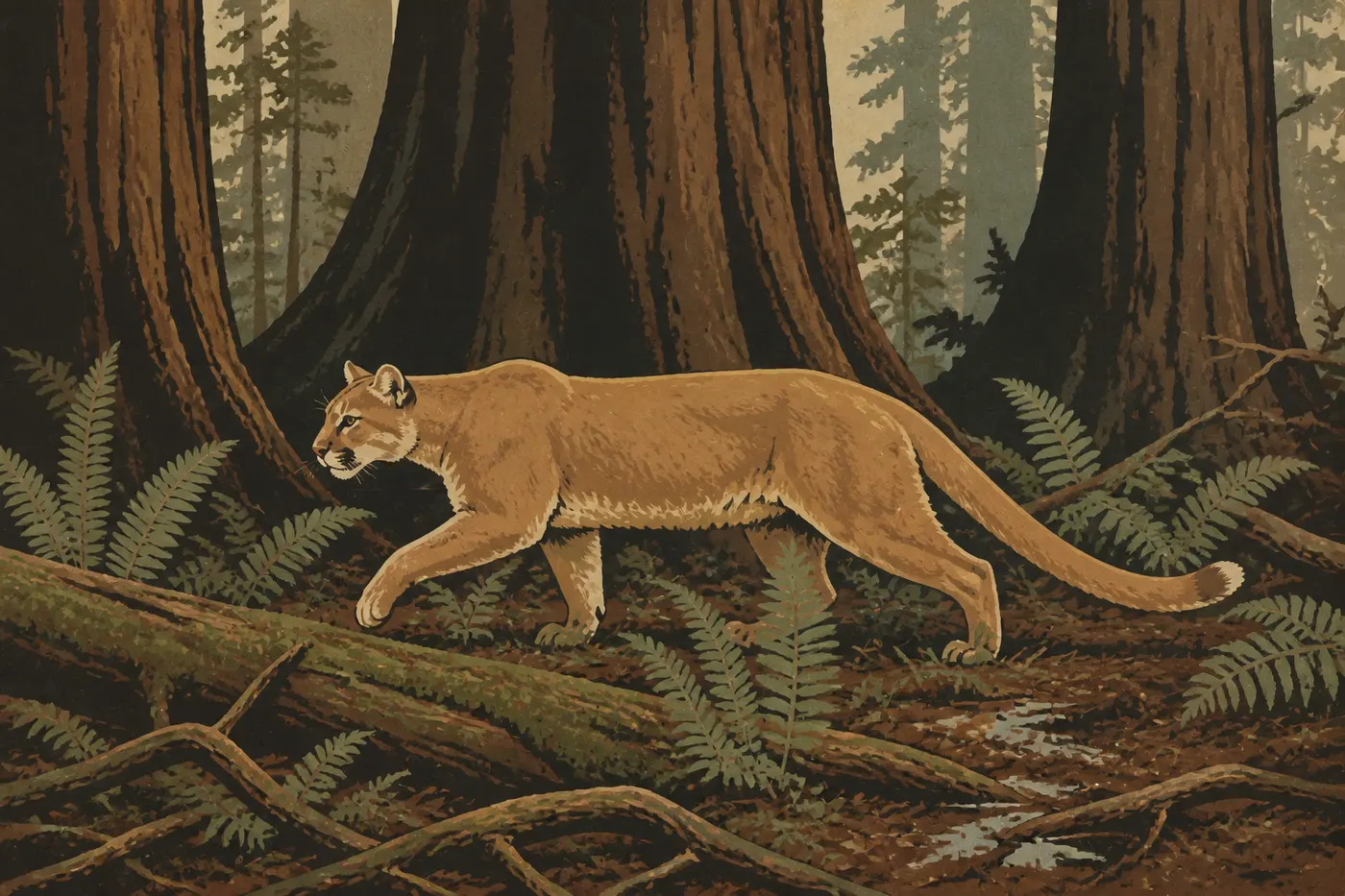 Illustration sérigraphiée : Un puma progresse discrètement dans le sous-bois dense des séquoias côtiers du parc national.