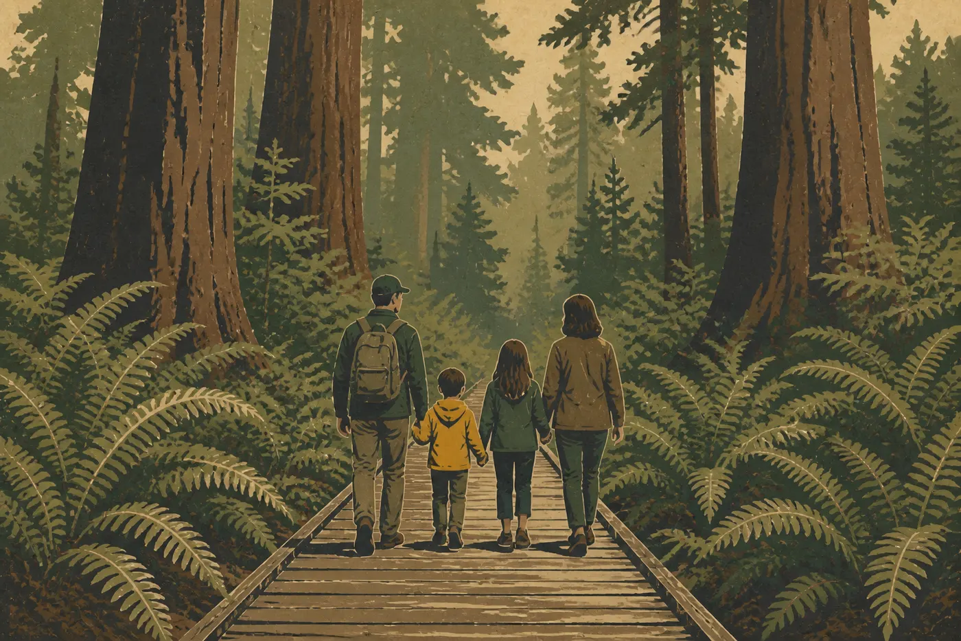 Illustration sérigraphiée : Une famille emprunte la passerelle facile bordée de fougères près du Prairie Creek Visitor Center.