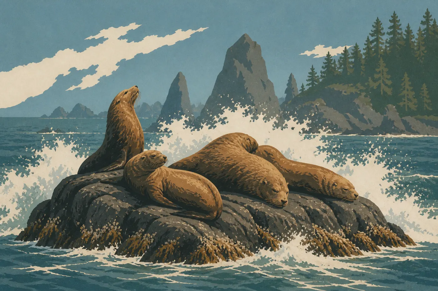 Illustration sérigraphiée : Des lions de mer de Steller occupent des rochers battus par les vagues près du littoral.