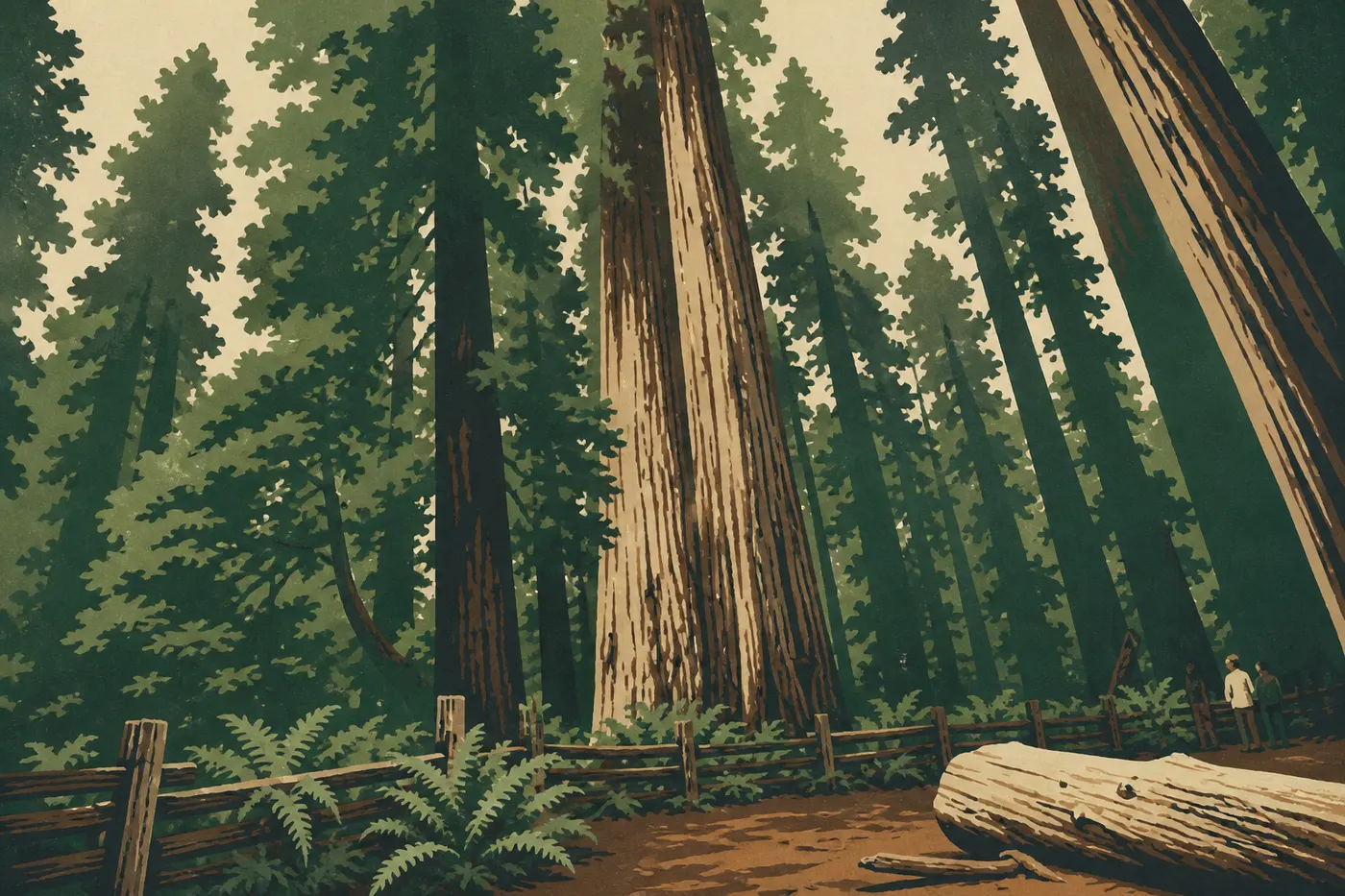 Illustration sérigraphiée : Des visiteurs cheminent parmi les séquoias géants et les fougères luxuriantes de Stout Grove.